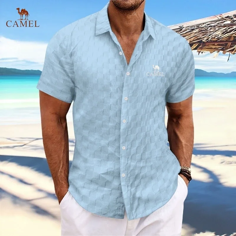 New Summer Exquisite Embroidered Camel Short Sleeve Shirt for Men, Luxury, Fashion, Leisure, Cool Beach Style Polo Shirt Top