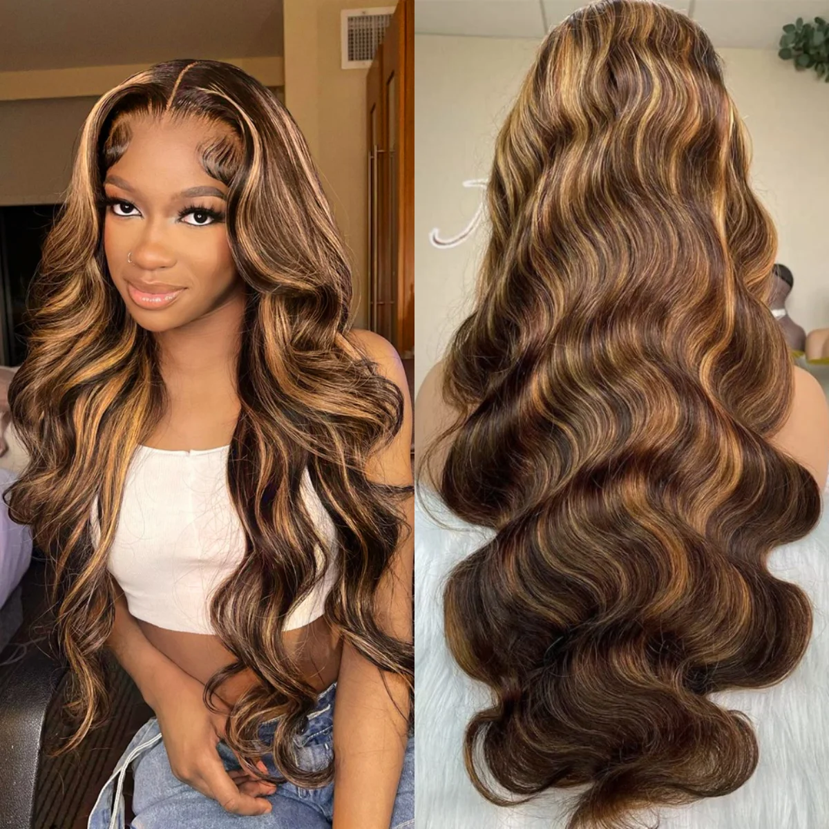 Body Wave Highlight Lace Front Wigs for Black Women 13X4 HD Transparent Lace Frontal Human Hair Wigs with Pre Plucked 30Inches