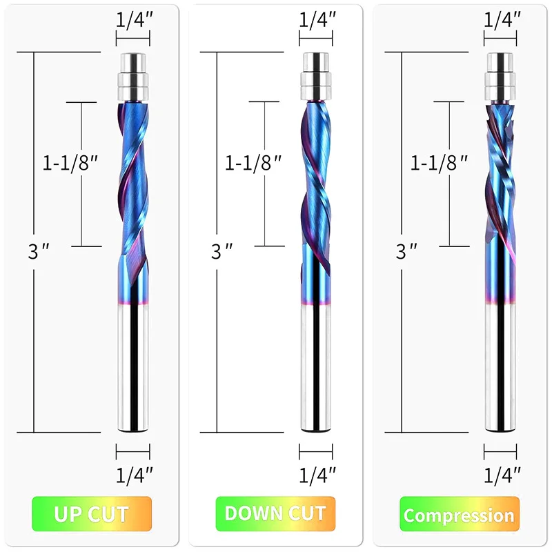 2 Flute Flush Trim Router Bit，6.35mm （1/4 inch）Shank  Nano Blue Coating Solid Carbide Bearing Guided Milling Cutting End Mill