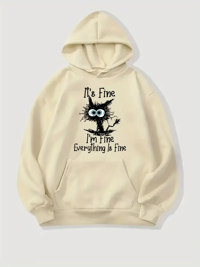 I\'m Fine Everthing Is Fine Letter Printed Women Hoodies Fashion Fleece Hoody Creativity Pullover Street Loose Cotton Sweatshirts