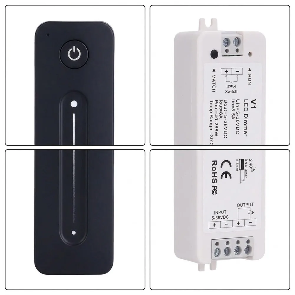 RF LED Dimmer DC5-36V for Single Color LED Strips 5050 3528 2835 COB 8A/CH For Touch Slider Remote 2.4G 30M Open Space