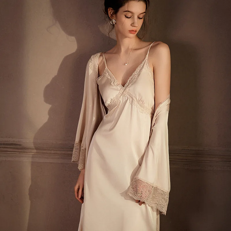 

Sexy pajamas forwomen, ice silk, long knee-length lace with chest pads, suspenders, nightgown, pure lust style silk home clothes