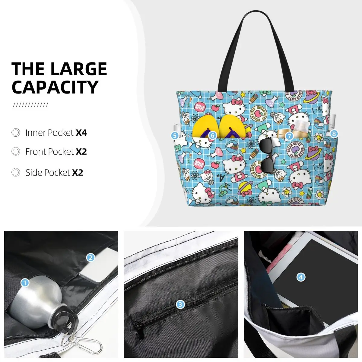 Bolso de playa de Hello Kitty con personaje de dibujos animados para mujer, bolso de mano impermeable, bolso KuromiPool con cremallera para gimnasio, comestibles, viajes