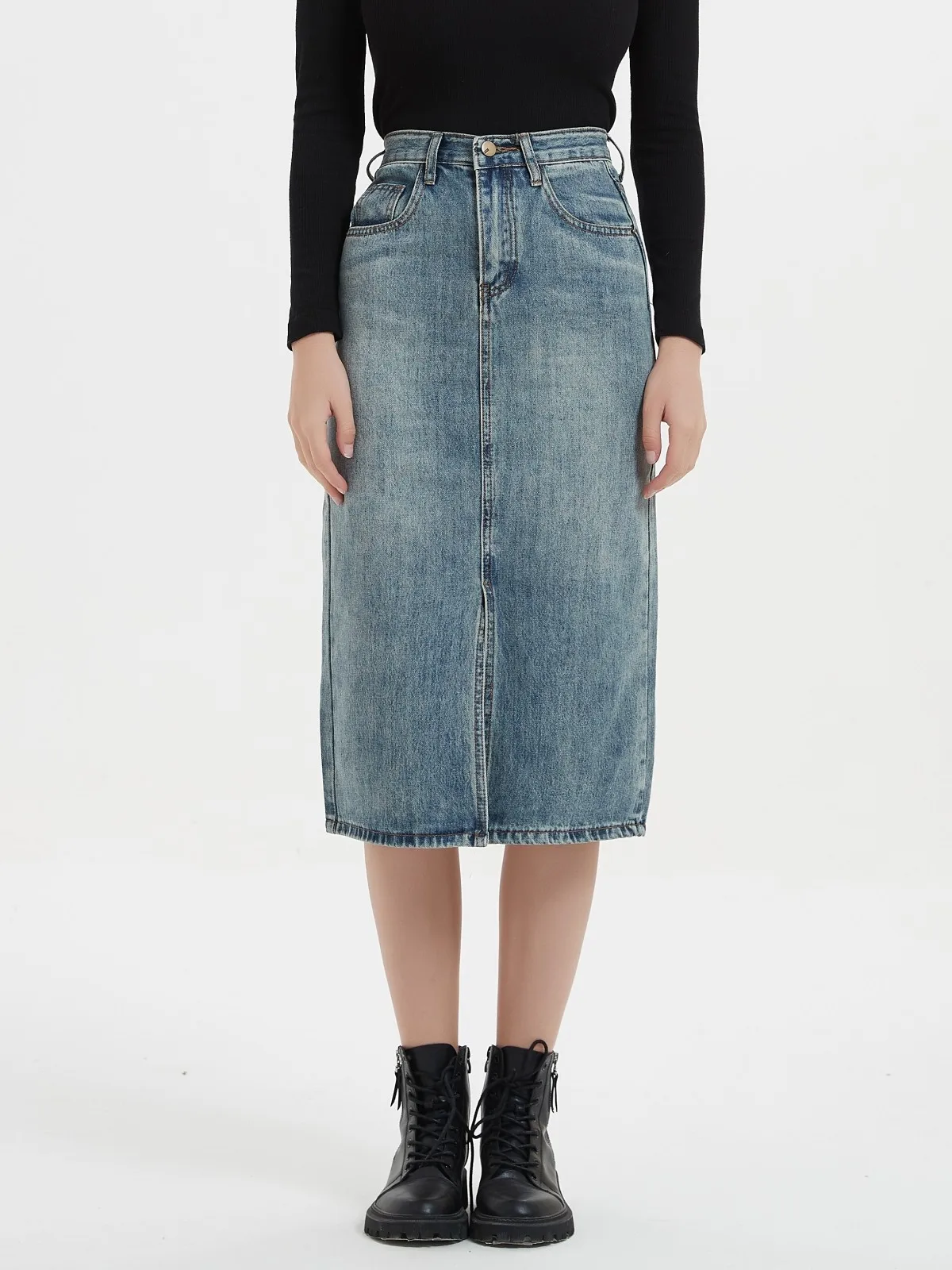 

ZHISILAO New Split Half Skirt Women High Waist Slim Pencil Denim Skirt Casual All-match Straight Mid Skirts