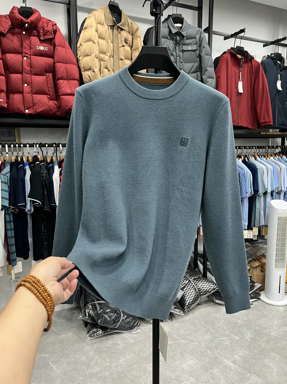 

Мужской вязаный свитер Thiened Fce, однотонный, теплый, повседневный, с круглым вырезом, пуловер, осенне-зимняя мода