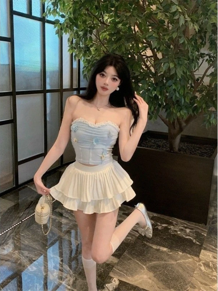 ​Sweet Heart Neckline Strapless Top High Waist Tiered Ruffle Skirt Pants Set for Women Summer Cute Outfit​