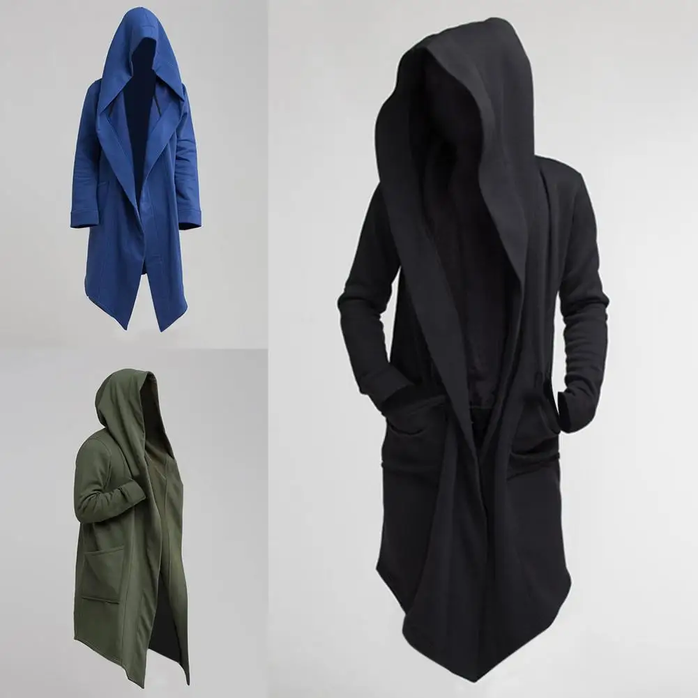 

Cool Men Jacket Solid Color Men Coat Long Sleeve Cardigan Trench Coat Hooded