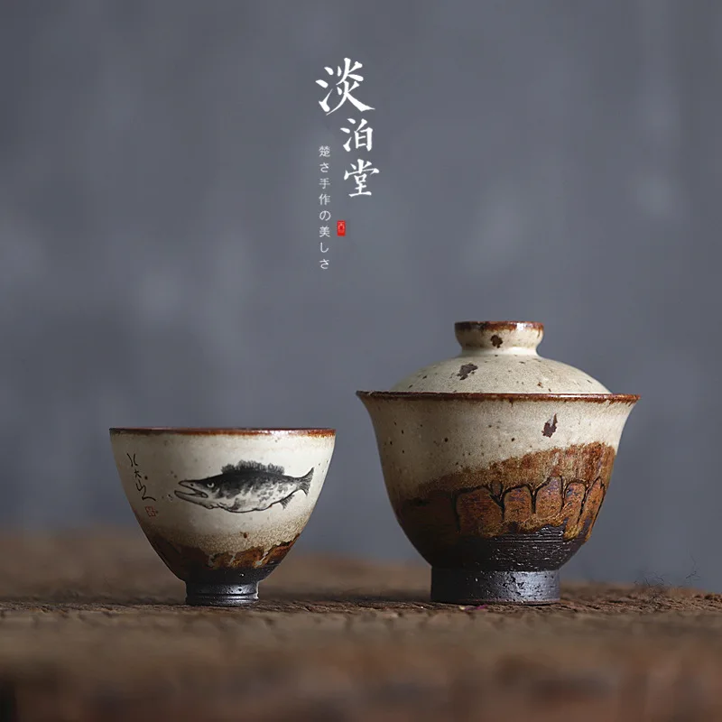 Light Botang Jingdezhen Hand-Made Imitation Firewood Kiln Changed to Stoneware Sunset Volcanic Clay Gaiwan Tea Brewing Bowl