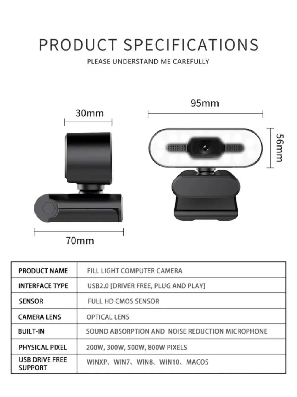 Webcam Portable Full HD 1080P 2K 4K, pour PC Latops, mise au point automatique, lumière de remplissage, caméra Web avec Microphone pour conférence en direct en réseau