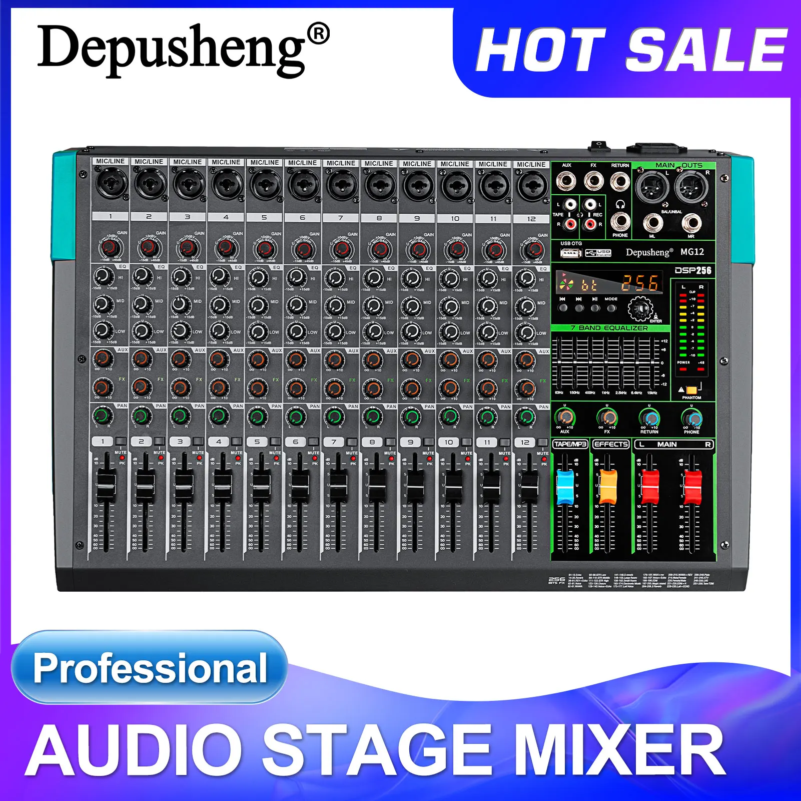 Professional Audio Mixer Depusheng MG12 12Channel Sound Board Console DJ Mixing Desk System Interface Built-in 256 Reverb Effect