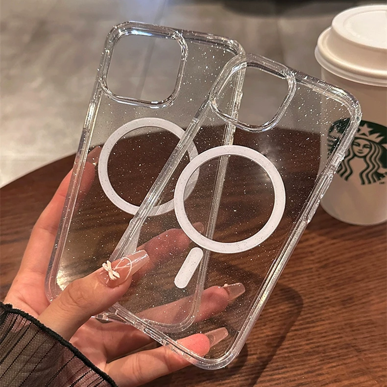 Luxury Bling Glitter ForMagsafe Wireless Charge Magnetic Case foriPhone 15 14 Plus 13 12 11 Pro Max Clear Hard Acrylic Cover