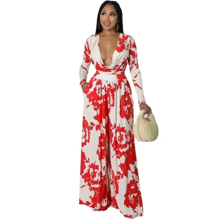 

2 Piece African Clothes for Women Autumn Fashion African Long Sleeve V-neck Print Top Pant Matching Sets Outfits Africa Clothing