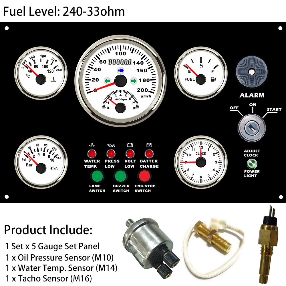 Ship Car 5 Gauge Panel with 0-200km/h GPS Speedometer +8KRPM Tachometer Fuel Level Water Temp. Oil Pressure Clock 300*190 mm 12V