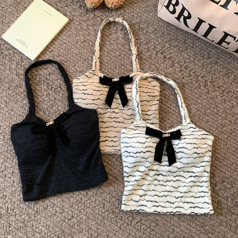 Summer Hot Girls Sexy Bow Striped V-neck Sleeveless Slim Camisole With Chest Pad