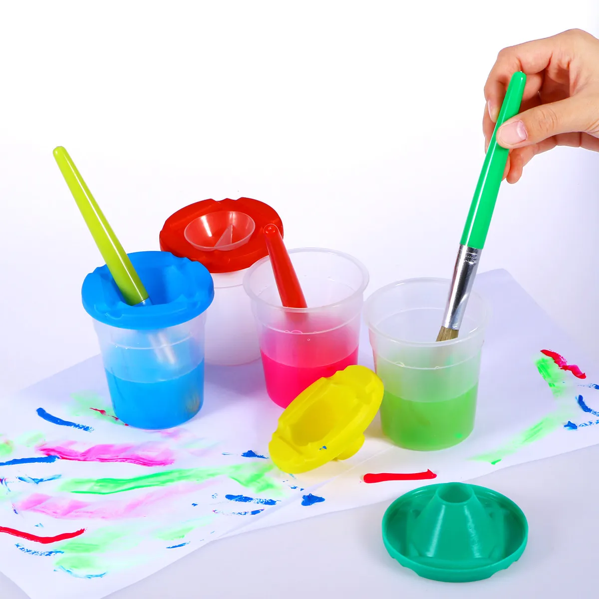 4Pcs Paint Brush Set with 4 Paint Cups Premium Bristle Head Plastic Handle Metal Tube for 3 Years Old Up
