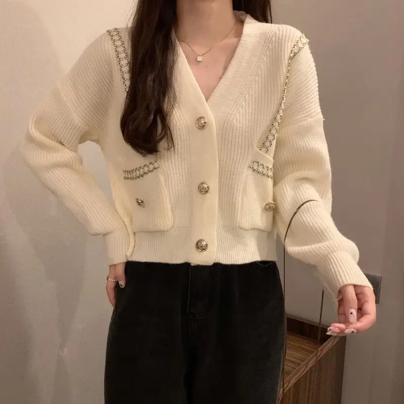 Stylish V-Neck Loose Knitted Cardigan Autumn Winter Long Sleeve Female Clothing Spliced Basic Casual Single-breasted Sweaters