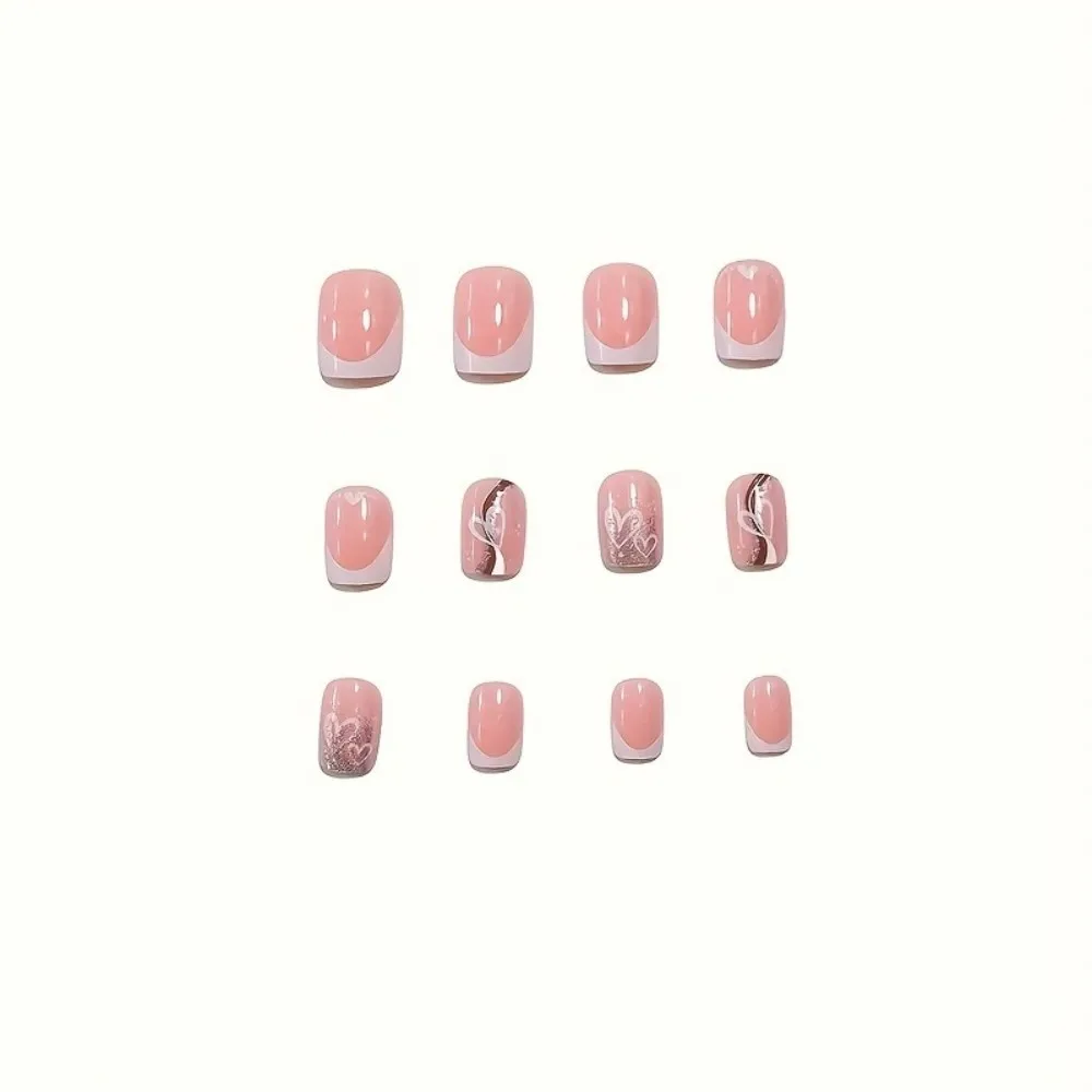 24pcs Short Square French White Heart Glitter Design Full Cover Reusable False Nail Tips For Manicure Nude Pink Press On Nails image 5