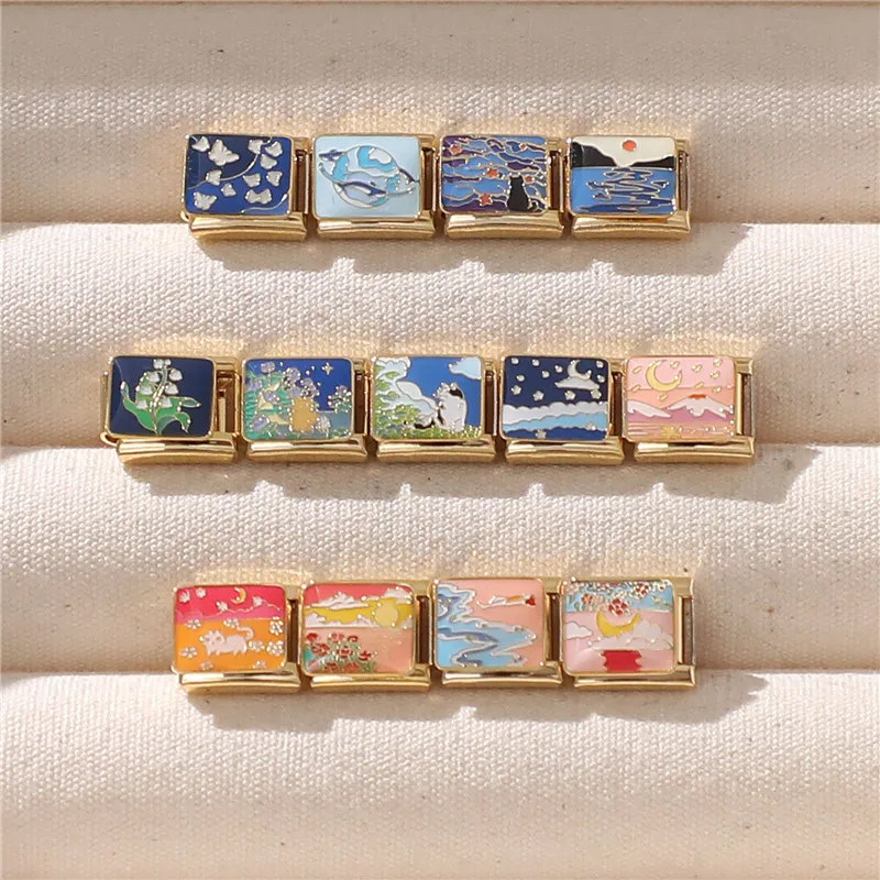 Y2K Gold Color Bear Cat Blue Sky Rose Flowers Moon Italian Charm Link Fit 9MM Stainless Steel Bracelet Women DIY Making Gifts