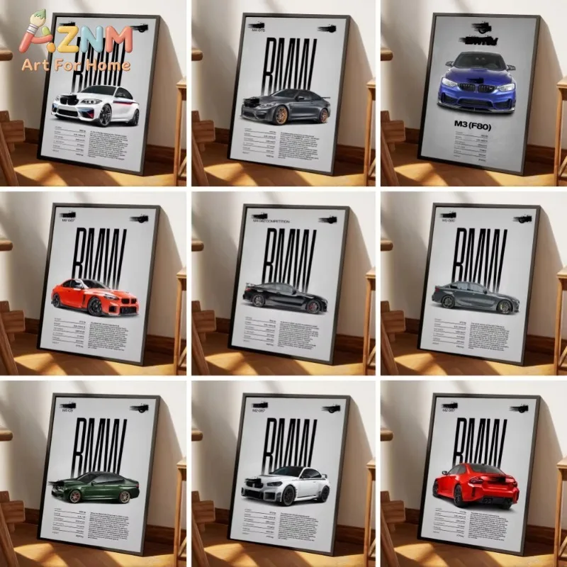 Frameless BMW M Series Canvas Wall Art Technical Spec Sports Car Poster Living Room Bedroom Home Decor Wall Prints Gift