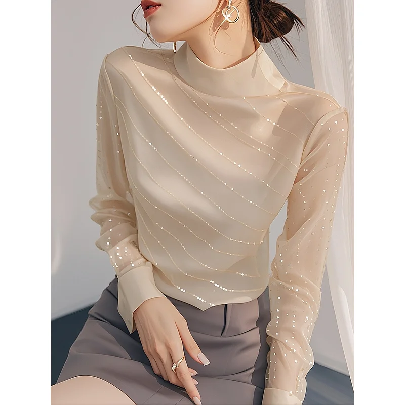 

Early Autumn New Sle Beautiful Small irt Ele Top Light Beige Sequin Long Sve Women's Summer Faion French Sle