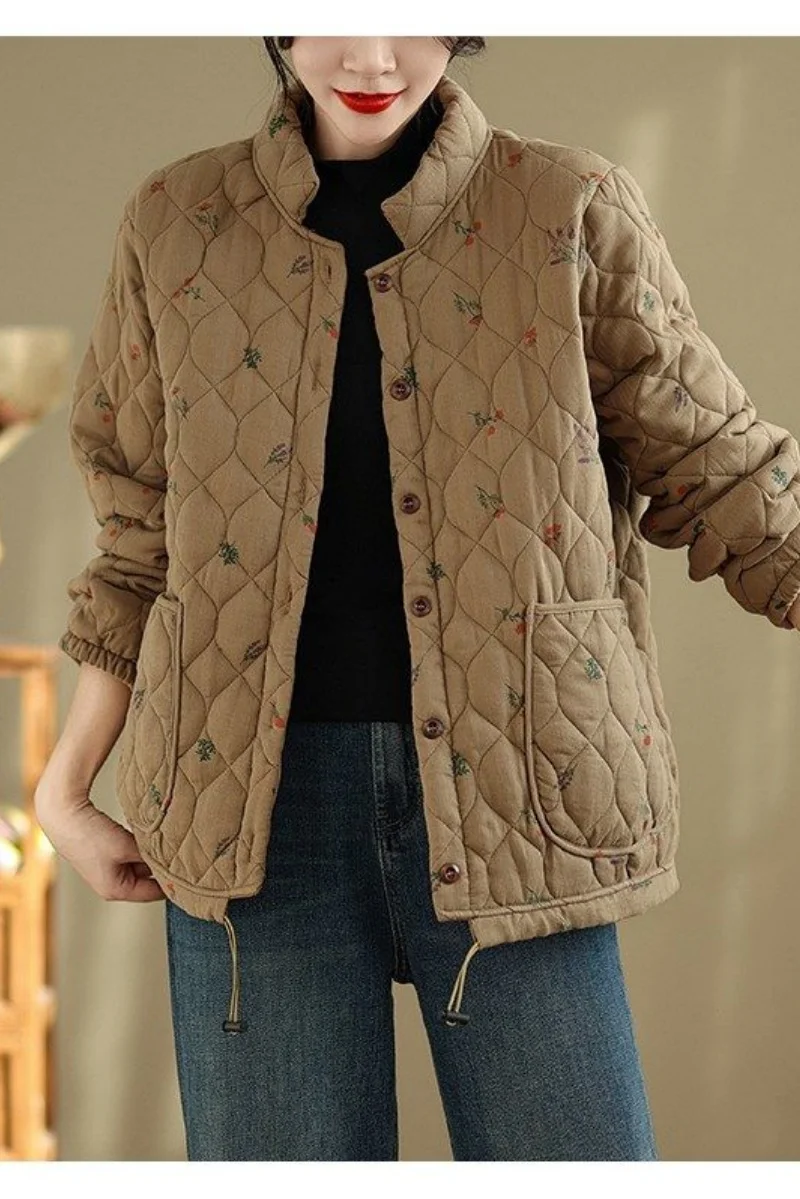 

Хлопковая стеганая куртка с воротником-стойкой и принтом, женская теплая короткая зимняя модная универсальная куртка на шнурке, верхняя одежда w1426