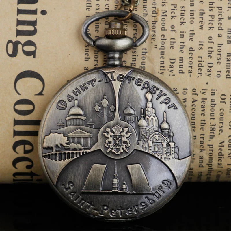 

Hot Selling Creative Architectural Embossed Quartz Pocket Watch Bronze Retro Necklace Chain Clock Watch Unisex