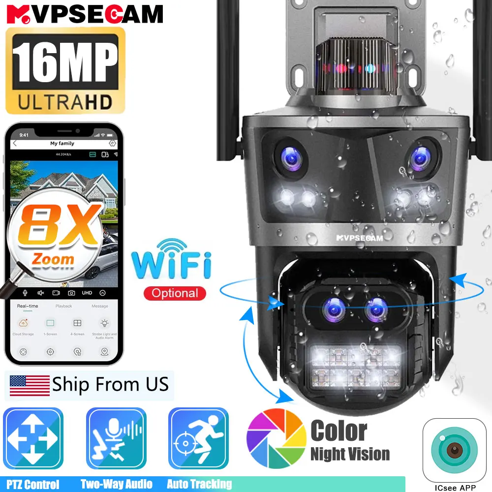 16MP 8K 8X PTZ Zoom WiFi IP Camera Outdoor PTZ Four Lens Four Screen Security Camera PTZ Auto Tracking ICsee Video Surveillance