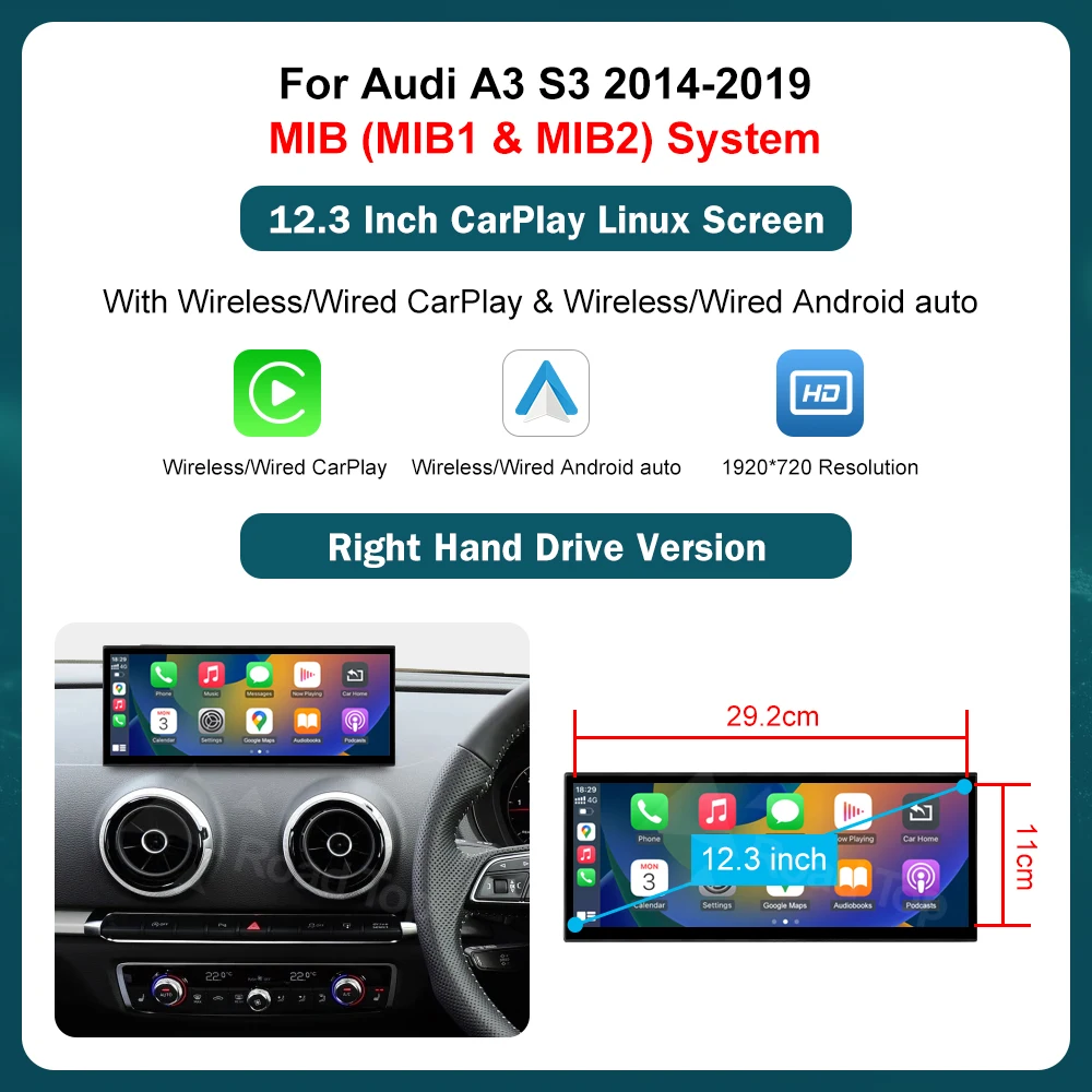 12.3 Ultra-thin Linux RoadTop Screen Wireless CarPlay For Audi A3 S3 B9 MIB MIB2 2014-2019 Android Auto Airplay Autolink image 3