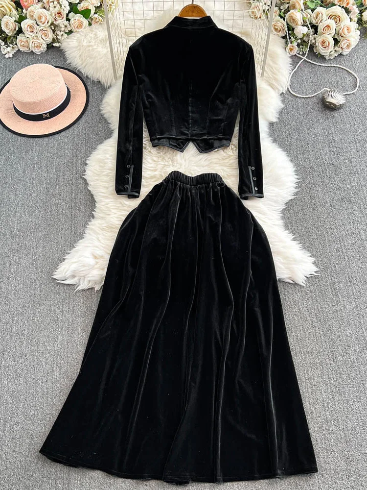 EWQ Elegant Velvet 2 Piece Set Women Lace-up Collar Single Breasted Coat + A-line Long Skirts Fashion 2025 Spring New 27X1697