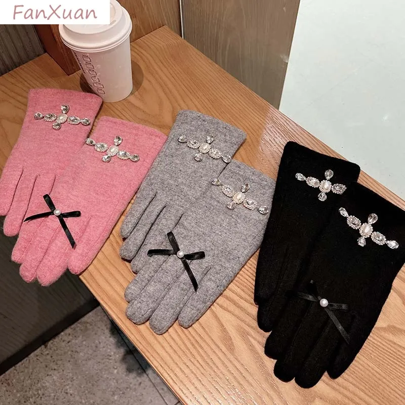 女性用手袋-秋冬用-暖かい-アウトドア-タッチスクリーン対応-裏起毛-ブラック-グレー-ピンク-手袋-エレガント-レディース-ギフト