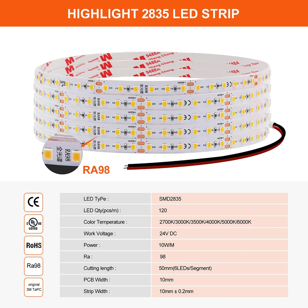 Imagem -02 - Fita Led Flexível Iluminação Doméstica Hight Bright Fita 24v Ra98 5m 10m 2700k 3000k 3500k 4000k 5000k 6000k 2835 120led