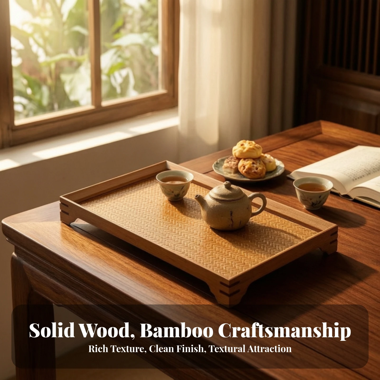 Bamboo Tea Tray Elegant Bamboo Tray with Raised Rim Rectangular Compact for Hosts