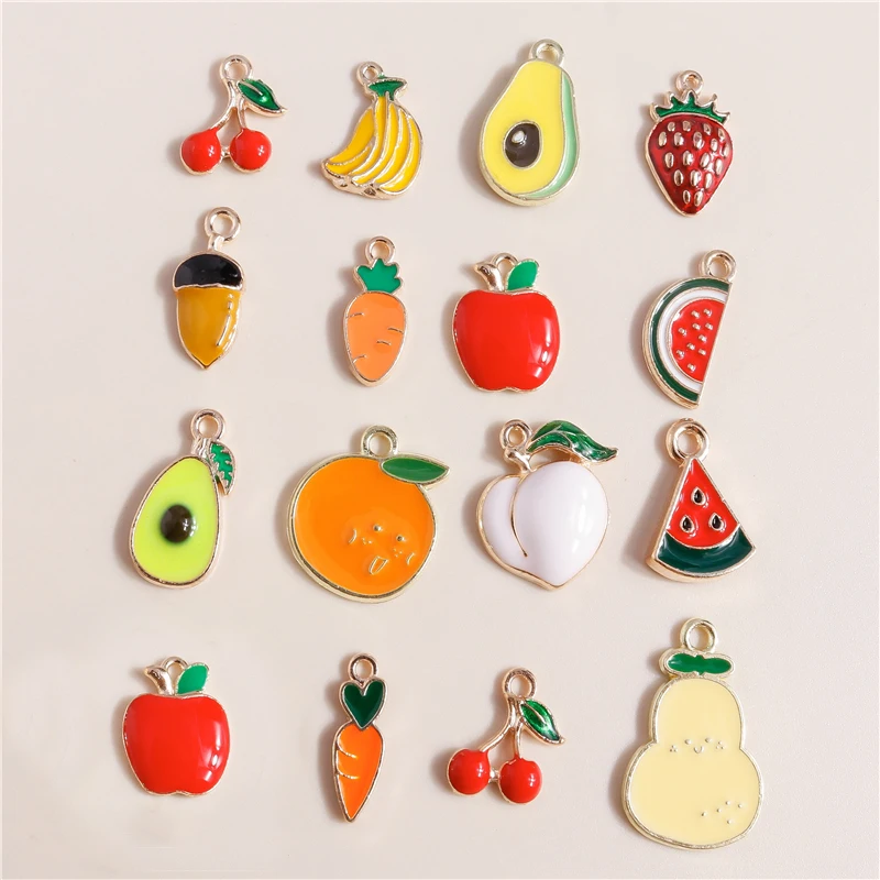 Leslie 10pcs Cute Enamel Fruits Charms for Earring Apple Strawberry Watermelon Pineapple Cherry Charm Pendant for Jewelry Making