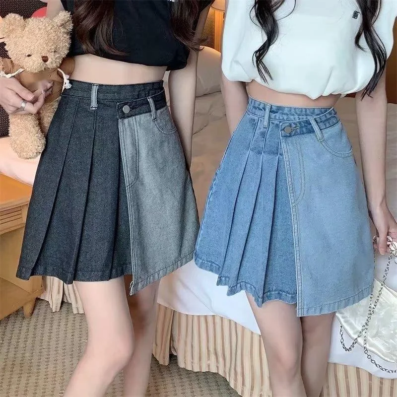 Retro Patchwork Denim Pleated Skirt Half Skirt For Women With A Design Sense Of Niche High Waisted And Slim A-line Short Skirt