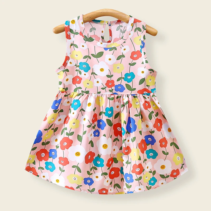 Baby Girls Sleeveless Flower Print Dresses For Kids Girl Cotton Clothing Summer Princess Party Dress Children Beach Dress Outfit