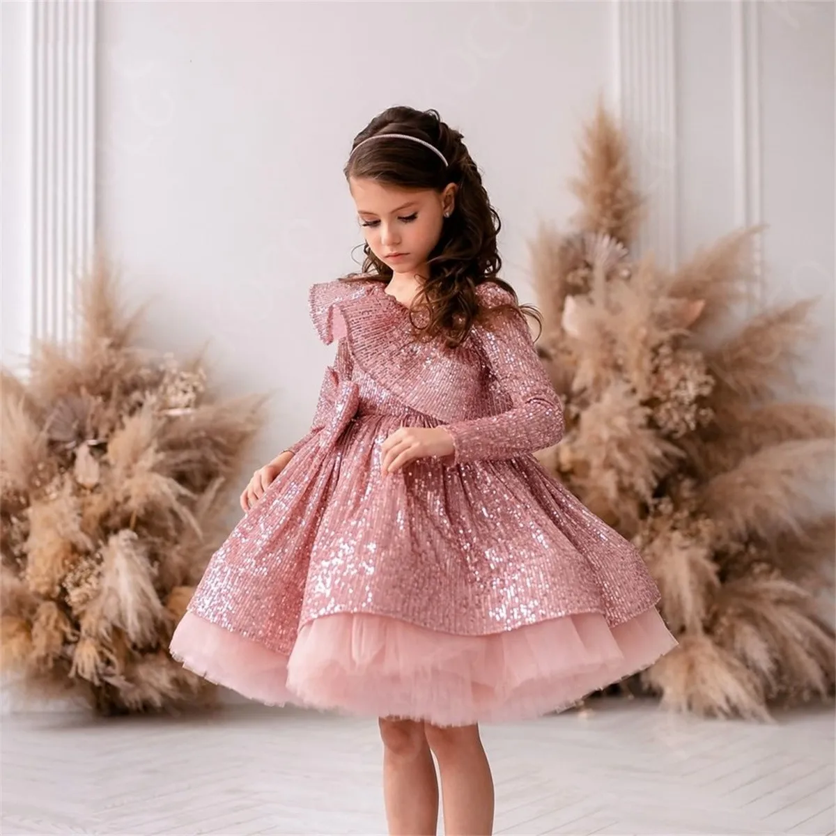 Lovely Rose Gold Sequined Ball Gown Flower Girl Vestidos Para Casamento Full Sleeves Princesa Joelho Comprimento Primeira Comunhão Vestidos