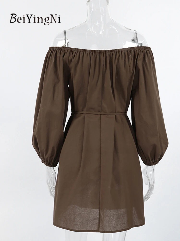 Beiyingni 2025 فستان نسائي قصير على الموضة جديد للربيع والخريف من القطن بدون أكتاف ورقبة مائلة فساتين فضفاضة للسيدات وشاحات فيستدوس