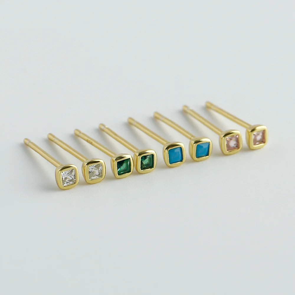 

CCFJOYAS 925 Sterling Silver Mini Cute Multi-color Zircon Square Stud Earrings for Girl Green/Turquoise /Pink Zircon Small Studs