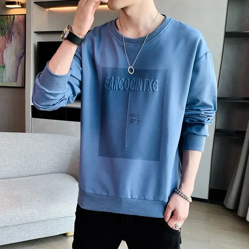 Blue Top Round Neck Pullover Sweatshirts for Man Men's Clothing Hoodieless Graphic Crewneck Korean Style Aesthetic Welcome Deal