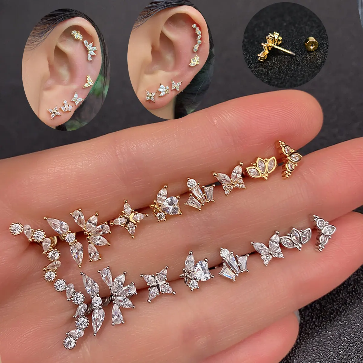 Brinco plano de zircônia de aço inoxidável, 1 peça, para mulheres, mini piercing de cartilagem, cristal cz, cartilagem, tragus, lóbulo, parafuso
