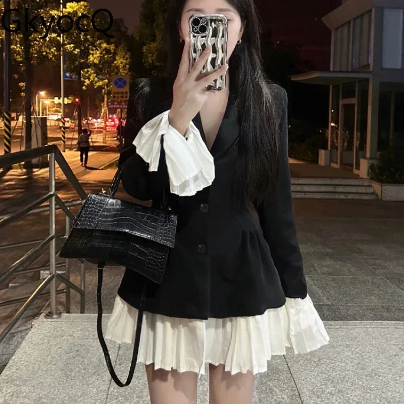 

GkyocQ Mini Dress New Black High Waist Flare Sleeve Patchwork Femme Robe Slim Oversize Elegant Femme Robe Autumn Female Dresses