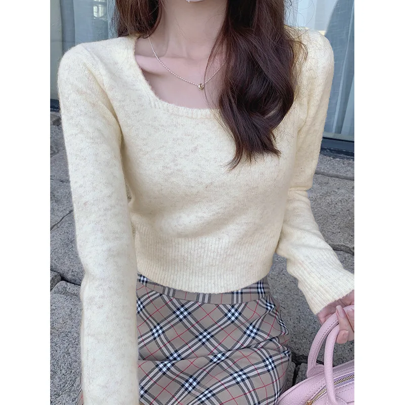 Square Necked Knitted Sweater Women Slim Bottoming Cropped Top