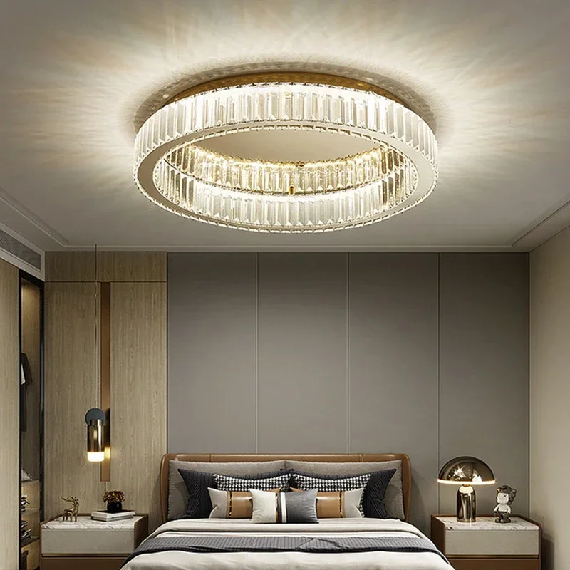 Round LED Crystal Ceiling Chandeliers Lighting for Living Room Bedroom Home Indoor Decor Lampara Techo Gold Silver Lustre Lamp