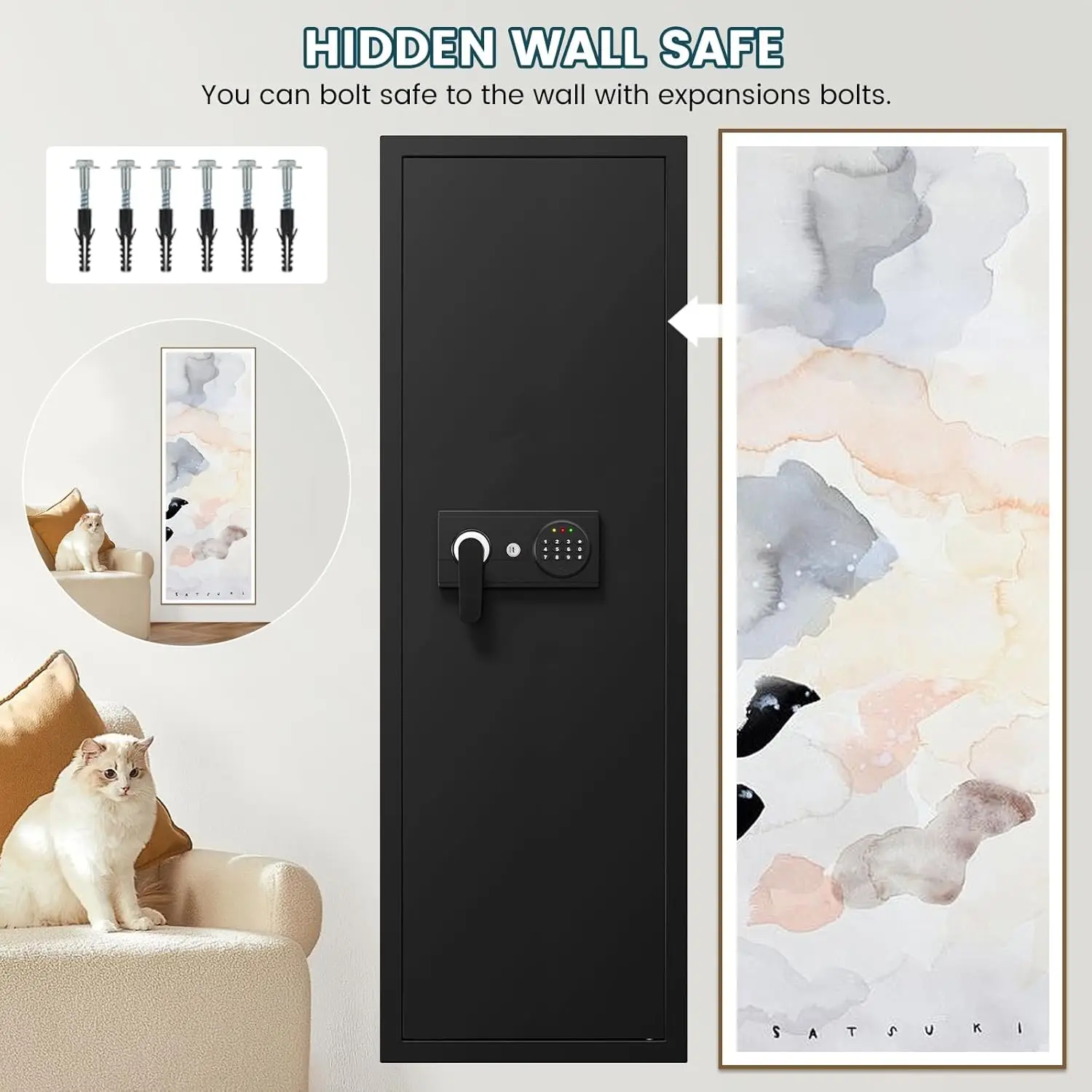 51.18" Tall Fireproof Wall Safes Between the Studs 16" Centers, Heavy Duty Combination Lock in Wall Safe with Removable Shelf, H