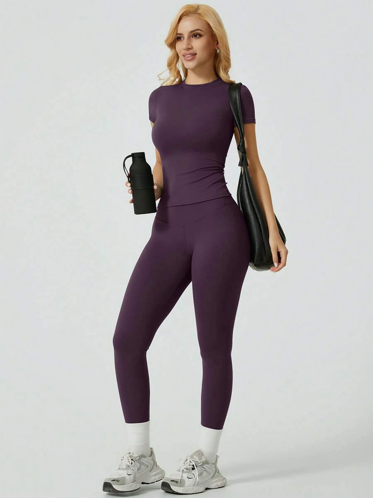 Conjunto de Yoga de 2 Piezas para Mujer, Top de Manga Corta, Leggings de Cintura Alta, Ropa Deportiva para Gimnasio, Control de Abdomen, Ropa Deportiva Activa