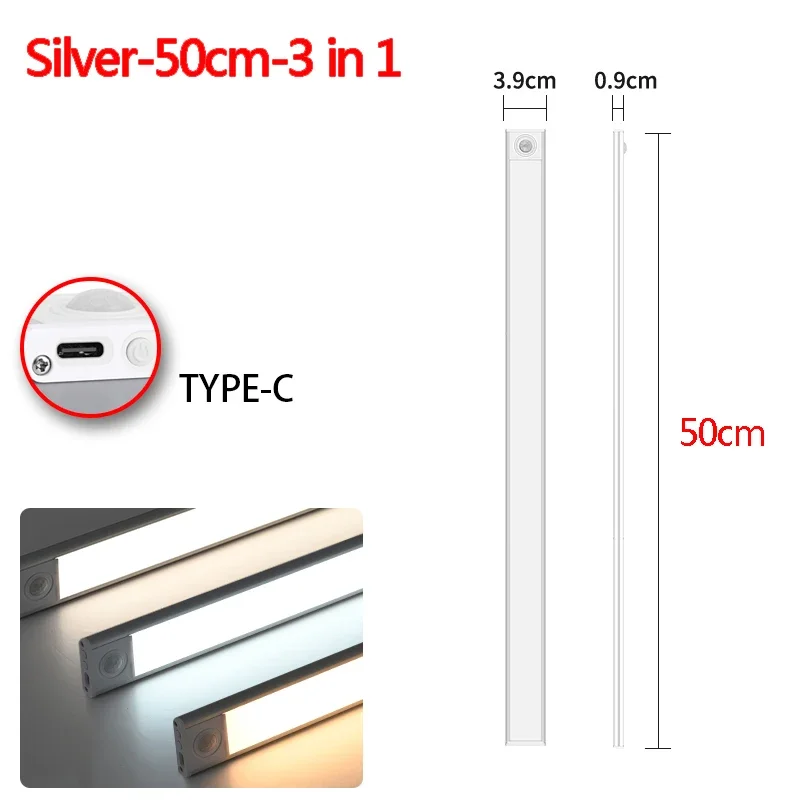 3 In 1 Led Onder Kastverlichting Bewegingssensor Nachtlampje Ultradunne Oplaadbare Led Lamp Kast Keukenkast Binnenverlichting