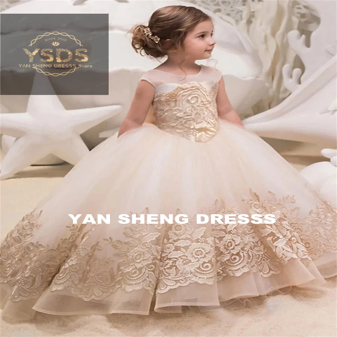 Champagne Flower Girl Dresses For Weddings Tulle Appliques Sleeveless Princess Toddler Pageant Gowns First Communion Dresses