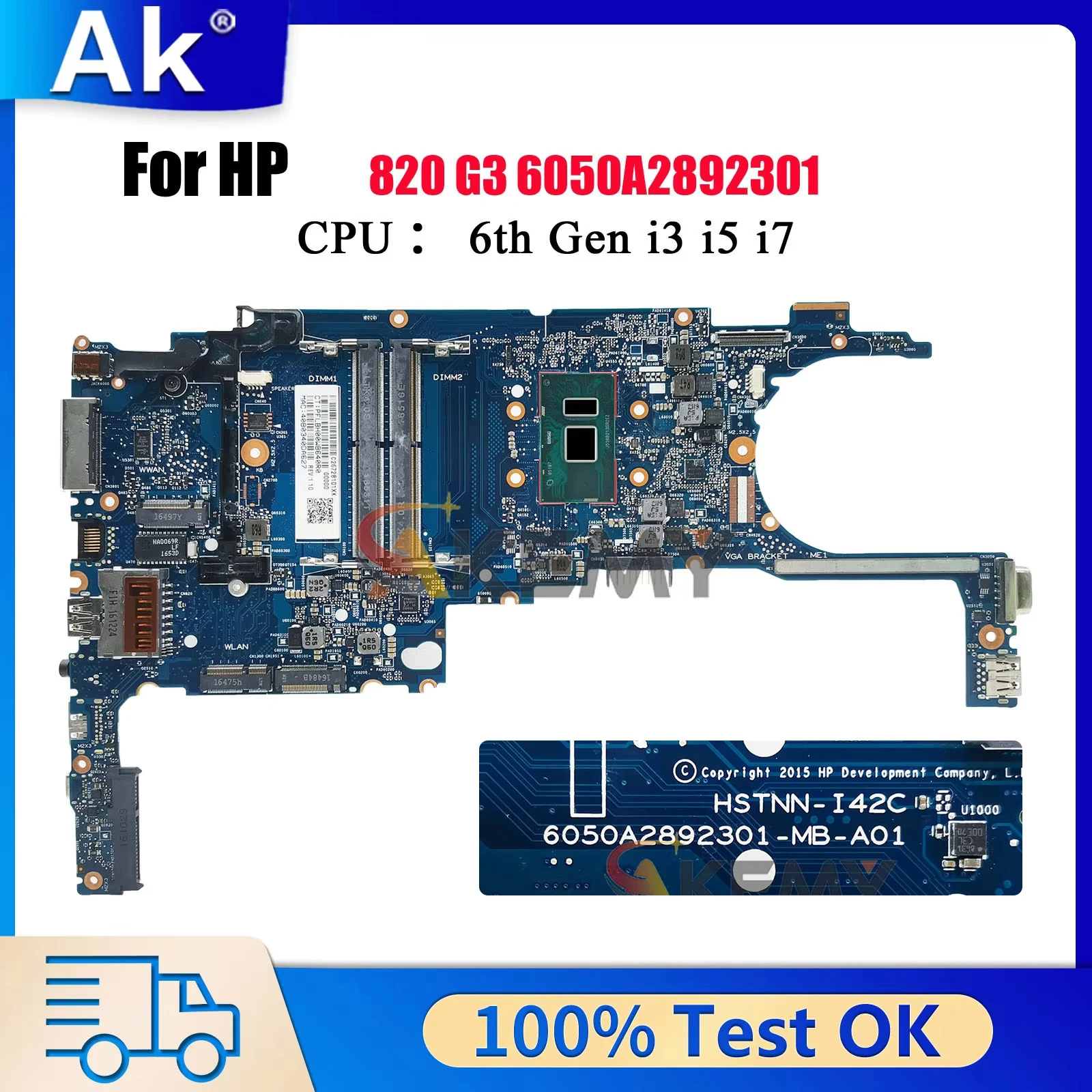

6050A2892301 For HP EliteBook 820 G3 Laptop Motherboard 831763-001 833305-001 831765-601 With i5 i7 6th Gen CPU