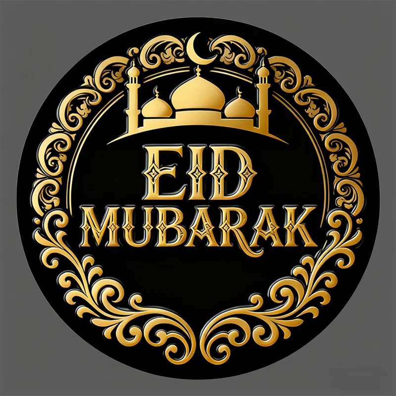 Pegatinas redondas de Eid Mubarak: calcomanías de cúpula de media luna con marco adornado en negro y dorado, adecuadas para bolsas y cajas de regalo