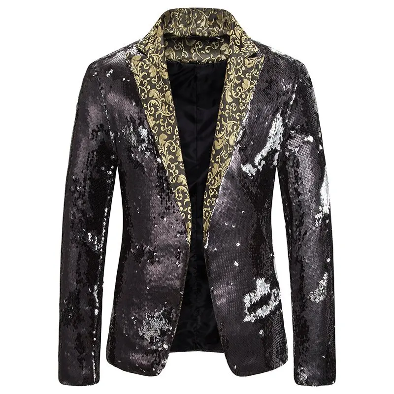 Chaqueta de traje de lentejuelas de lujo y a la moda para hombre, cuello de solapa, diseño Floral, novio, cantante, Anfitrión, escenario, banquete,